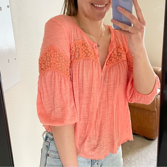 🎃Free People Boho Bright Coral Flowy Top Lace Cut Outs Small - Picture 2 of 7